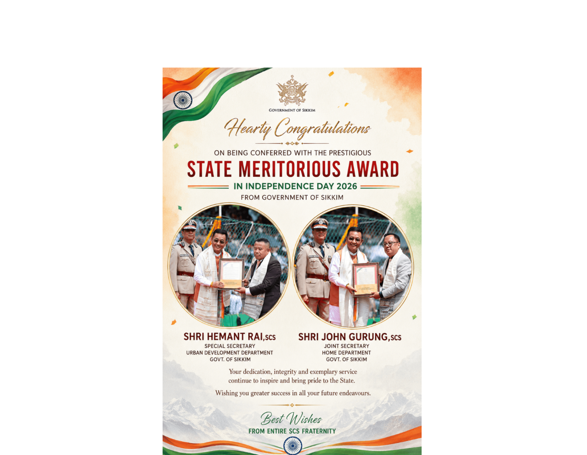 Shri Hemant Rai and Shri John Gurung conferred with State meritorious Award 2026